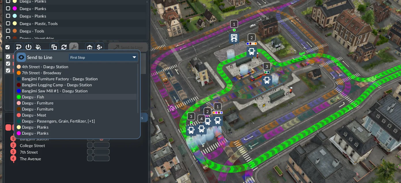 Transport Fever 3 interface for sending a purchased vehicle to a line