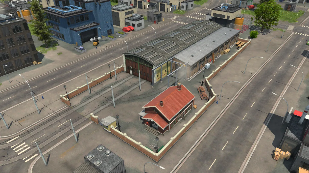 Tram depot building with multiple tracks connecting to the surrounding streets