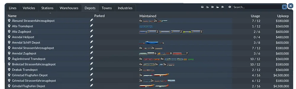 Transport Fever 3 depot statistics table showing parked vehicles, maintenance, usage, and upkeep