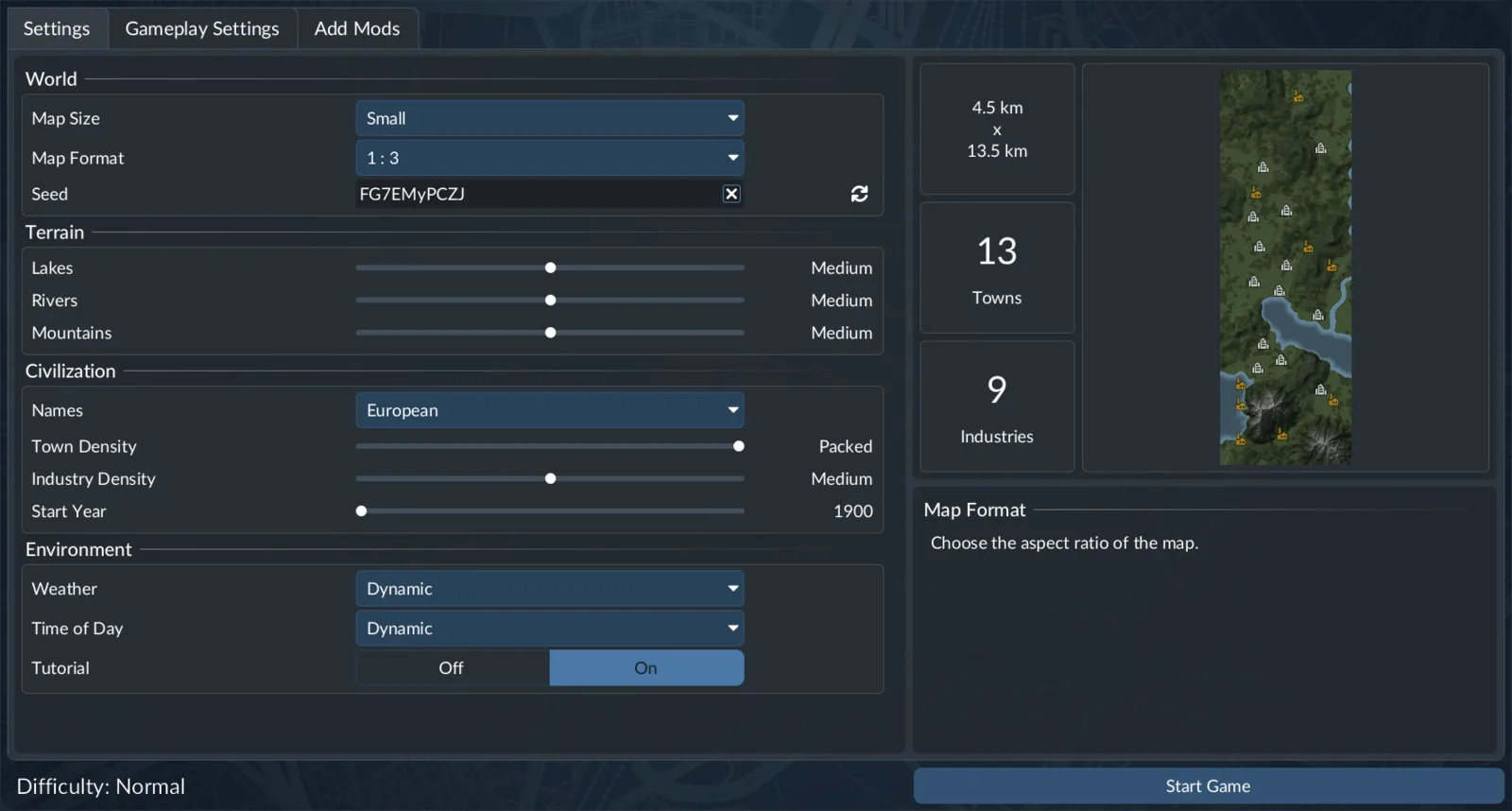 Transport Fever 3 Free Game World settings screen with the map Seed field
