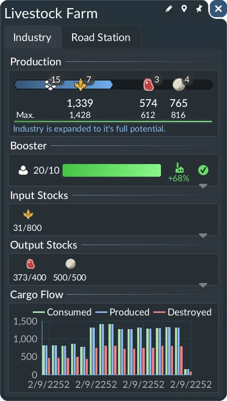 Industry window with Production and cargo stocks
