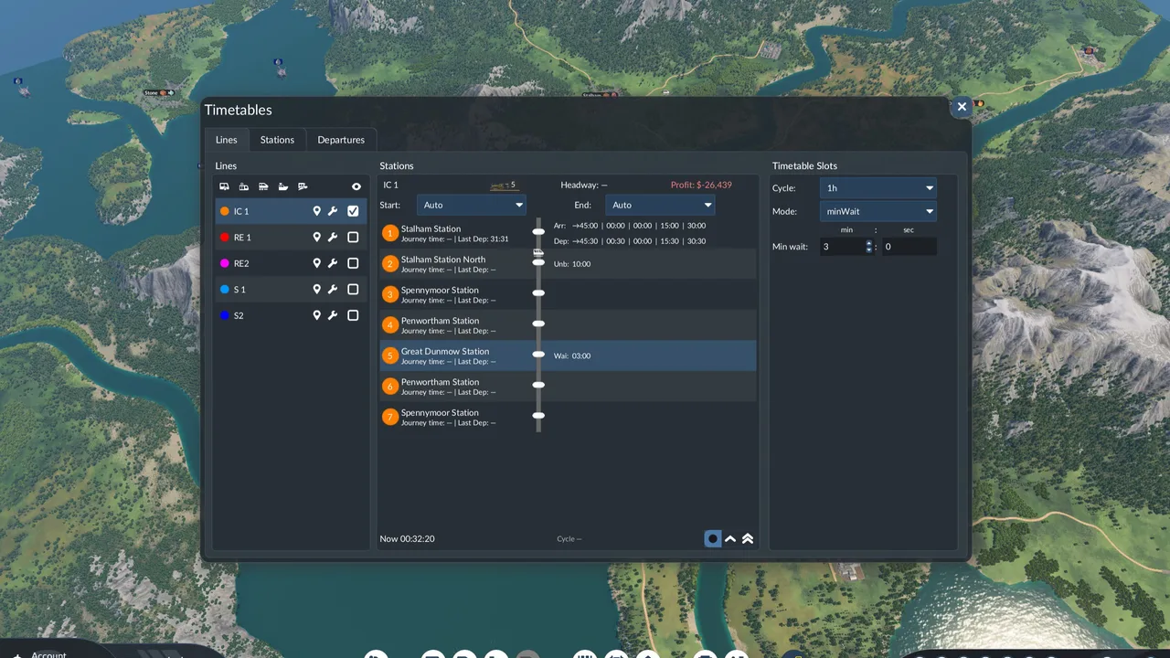 Timetables Lines view with stations, cycle, and minimum wait settings