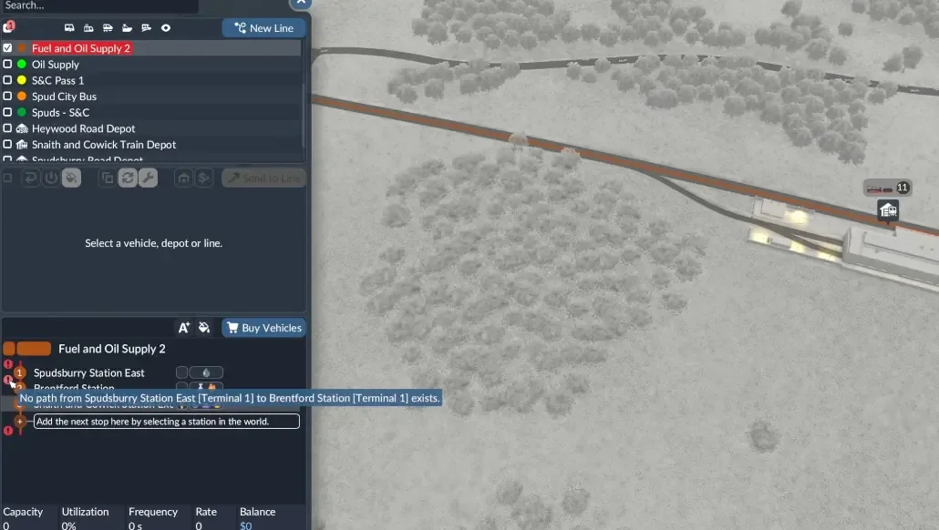 Line manager showing a No path warning between two station terminals