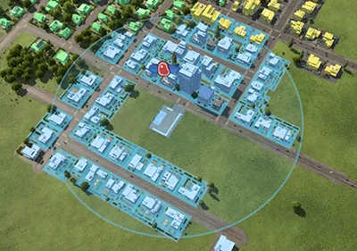 Transport Fever 3 station catchment area highlighting covered buildings