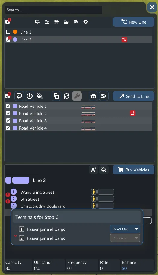 Line management interface displaying connection problem indicators