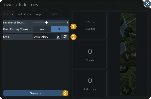 Transport Fever 3 Map Editor town generator with distribution controls, preview, and town seed field