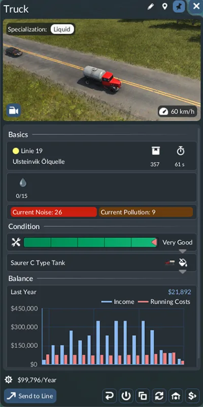 Transport Fever 3 vehicle details window showing line assignment, load, capacity, condition, balance, and controls