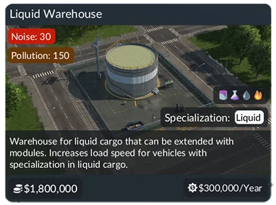 Liquid warehouse tooltip showing its specialization and loading benefit